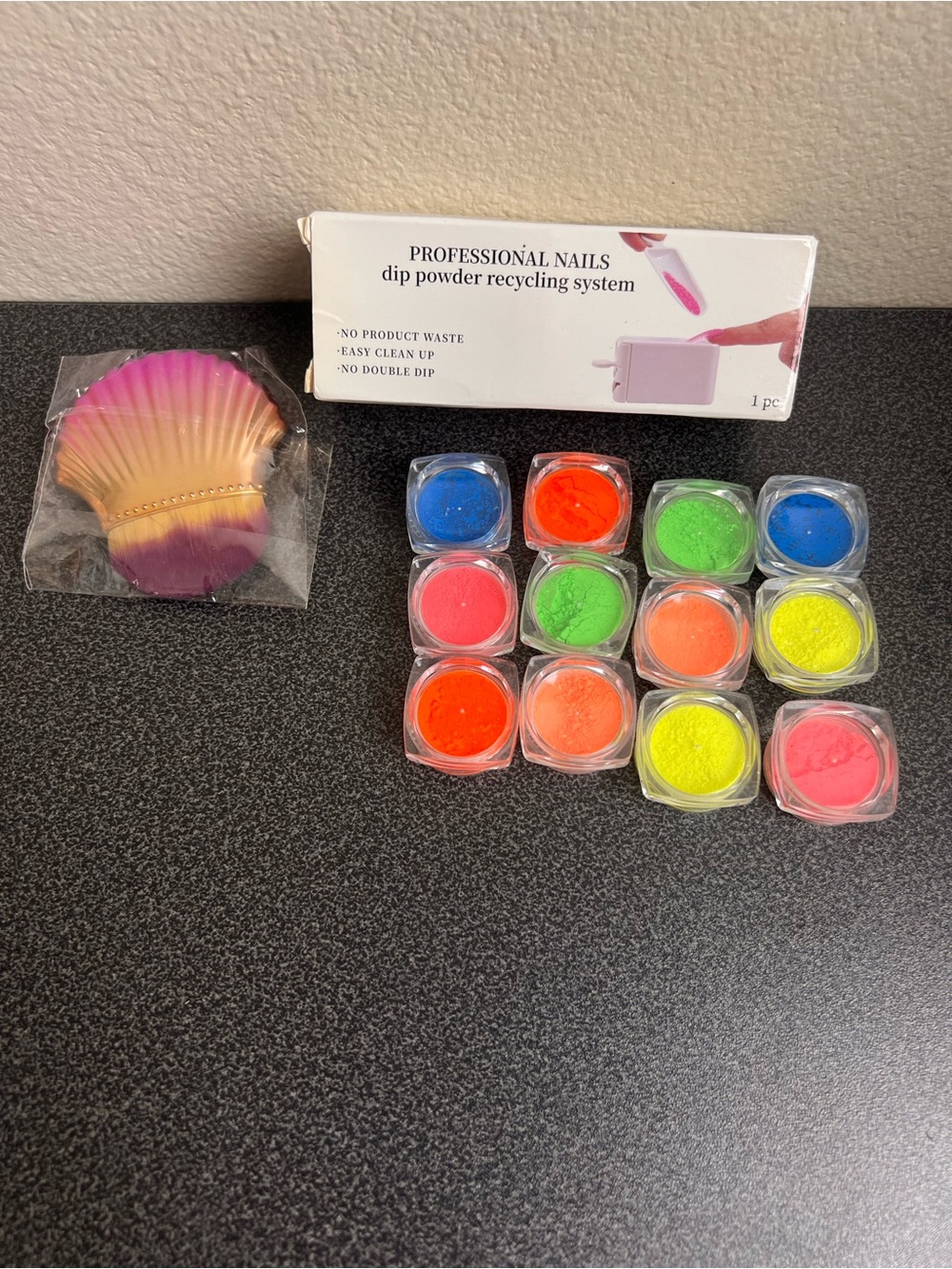 Neon Acrilic Powder Set with Shell Brush and Dip Powder Recycling System